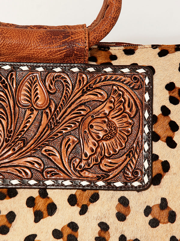 ADBGI143 Hair-On Hide Square Tote with Tooled Leather Patch - Western Cowgirl Bag