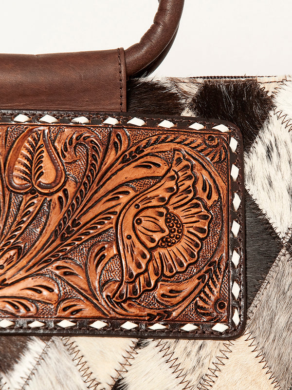 ADBGI143 Hair-On Hide Square Tote with Tooled Leather Patch - Western Cowgirl Bag