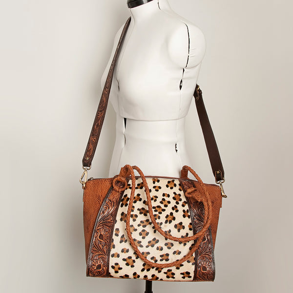 ADBGI146 Cowhide & Tooled Leather Western Tote - Genuine Hair-On Shoulder Bag