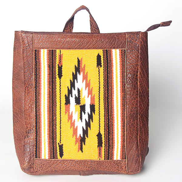 LC-ADBGZ307B Handmade Leather Backpack with Yellow Southwestern Wool Panel - Tribal Aztec Design