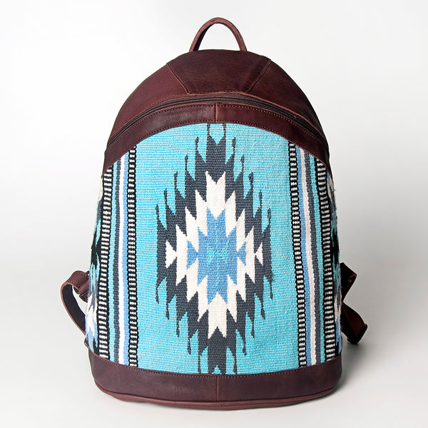 LC-ADBGZ376A Turquoise Southwestern Wool & Maroon Leather Backpack - Curved Body Western Bag