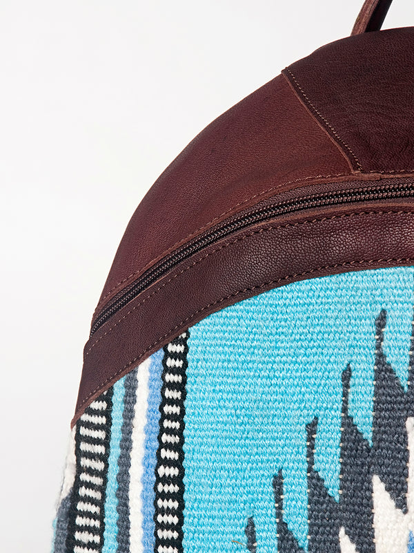 LC-ADBGZ376A Turquoise Southwestern Wool & Maroon Leather Backpack - Curved Body Western Bag