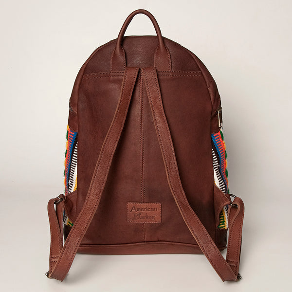LC-ADBGZ376B Red Tribal Wool & Maroon Leather Backpack - Curved Body Western Daypack