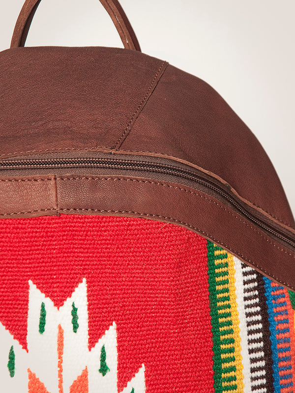 LC-ADBGZ376B Red Tribal Wool & Maroon Leather Backpack - Curved Body Western Daypack