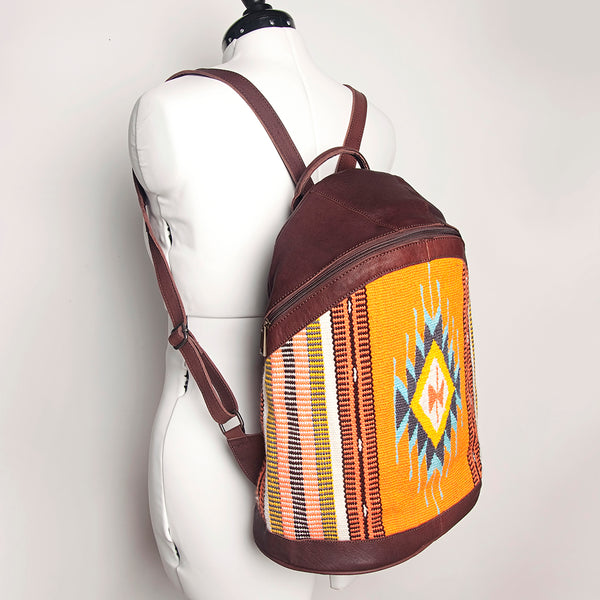 LC-ADBGZ376C Orange Southwestern Wool & Maroon Leather Backpack - Curved Body Tribal Daypack