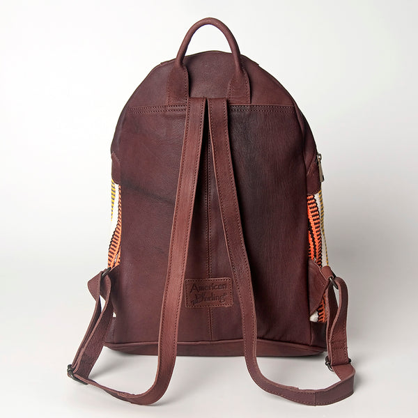 LC-ADBGZ376C Orange Southwestern Wool & Maroon Leather Backpack - Curved Body Tribal Daypack
