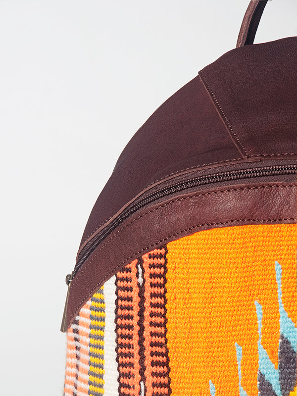 LC-ADBGZ376C Orange Southwestern Wool & Maroon Leather Backpack - Curved Body Tribal Daypack