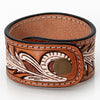 ADBRF169 Tooled Leather Cuff Bracelet - Turquoise & Cream Leaf Design with Snap Closure