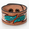 ADBRF169 Tooled Leather Cuff Bracelet - Turquoise & Cream Leaf Design with Snap Closure