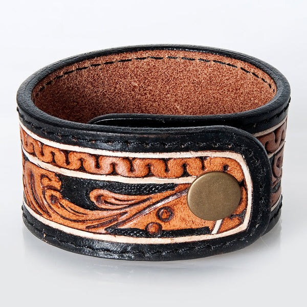 LC-ADBRF171 Tooled Leather Cuff Bracelet - Black & Tan Western Swirl with Snap Closure