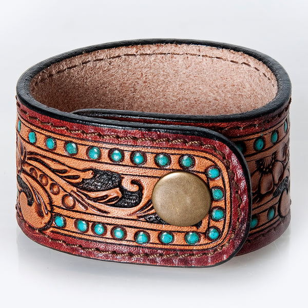 ADBRF172 Tooled Leather Cuff Bracelet - Turquoise Studs & Western Vine Pattern