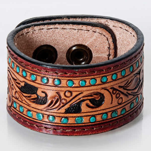 ADBRF172 Tooled Leather Cuff Bracelet - Turquoise Studs & Western Vine Pattern