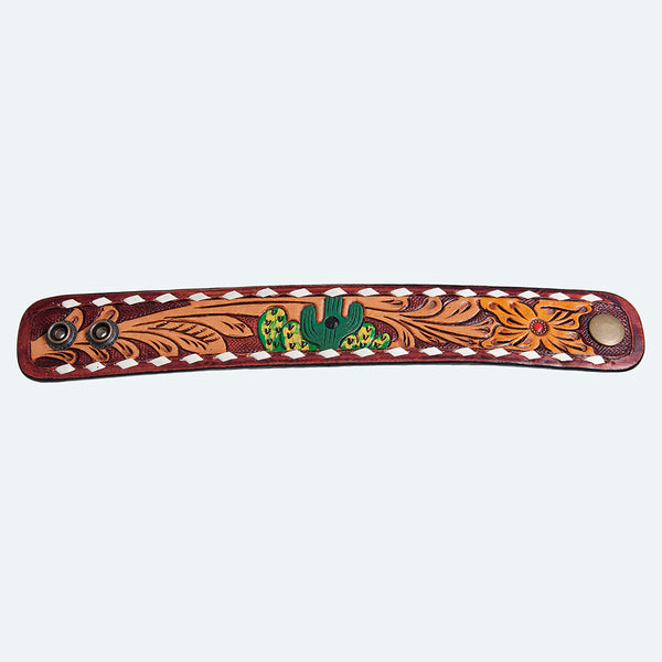 LC-ADBRF174 Hand-Tooled Leather Cuff - Green Cactus & Western Scroll Design
