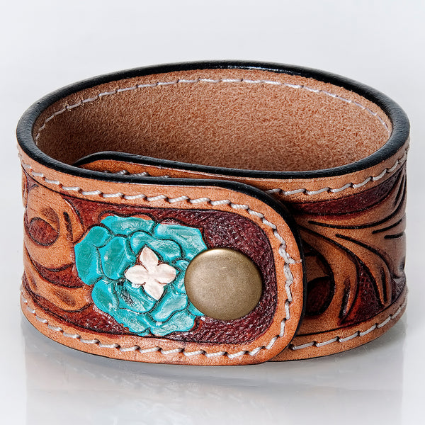 ADBRF176 Tooled Leather Cuff Bracelet - Yellow Sunflower Design
