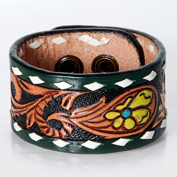 LC-ADBRF177 Tooled Leather Cuff Bracelet - Green Edge & Yellow Floral Accent with Turquoise Ascent