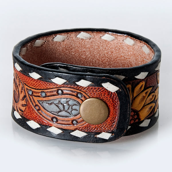 LC-ADBRF178 Tooled Leather Cuff Bracelet - Pink Flower & Black Whipstitch Border