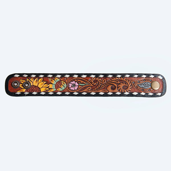 LC-ADBRF178 Tooled Leather Cuff Bracelet - Pink Flower & Black Whipstitch Border