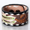 LC-ADBRF179 Tooled Leather Cuff Bracelet - Feather Motif with Black & White Whipstitch Trim