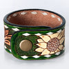 LC-ADBRF184 Tooled Leather Cuff Bracelet - Sunflower and Scroll Design with Green Background