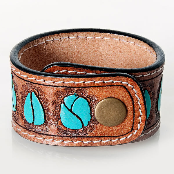 ADBRF188 Hand Tooled Leather Cuff - Turquoise Gemstone-Inspired Design