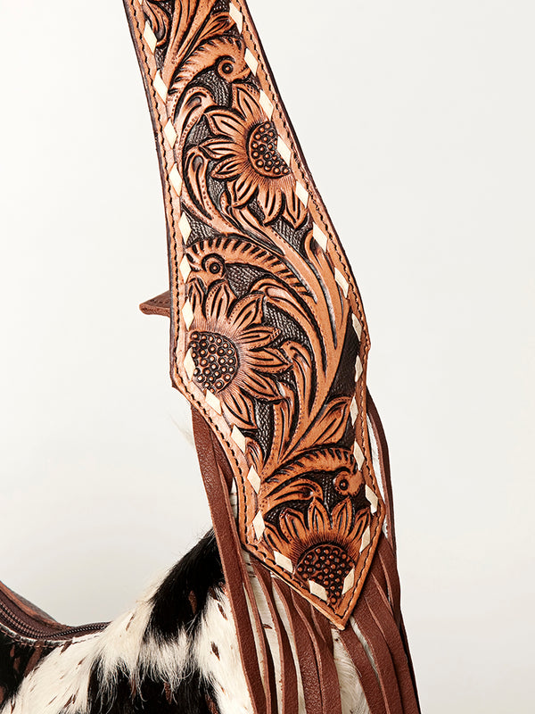 ADBGA223 American Darling Hand Tooled Leather Hair-On Cowhide Fringe Hobo Bag