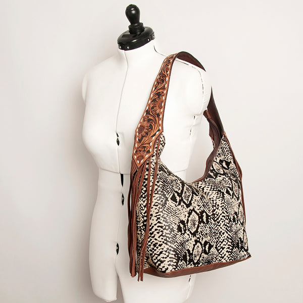 ADBGA223 American Darling Hand Tooled Leather Hair-On Cowhide Fringe Hobo Bag