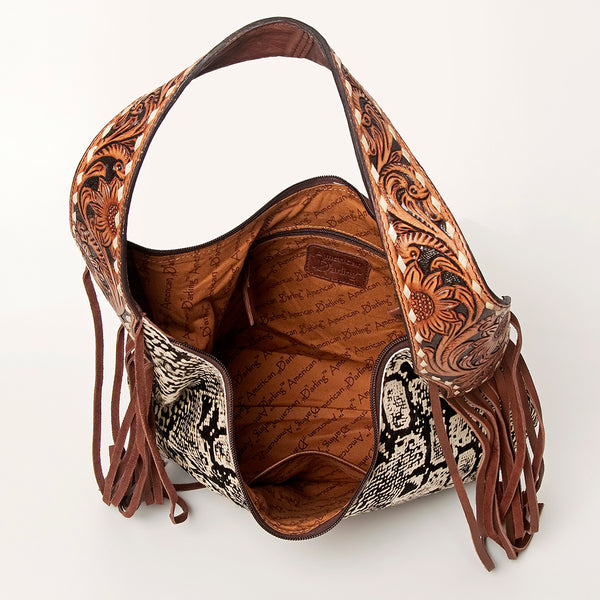 ADBGA223 American Darling Hand Tooled Leather Hair-On Cowhide Fringe Hobo Bag