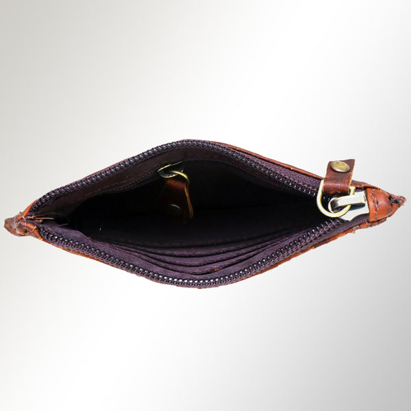 ADBGM121 Handwoven Leather Coin Pouch - Distressed Basketweave Zip Wallet