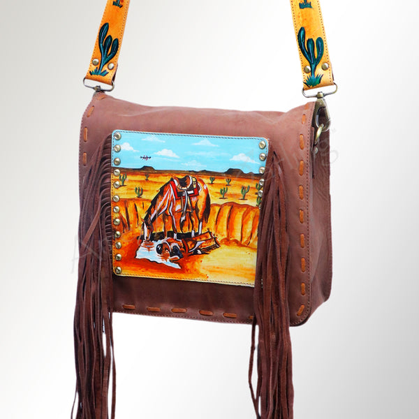 ADBGM109 Fringed Leather Western Crossbody Bag - Painted Artwork