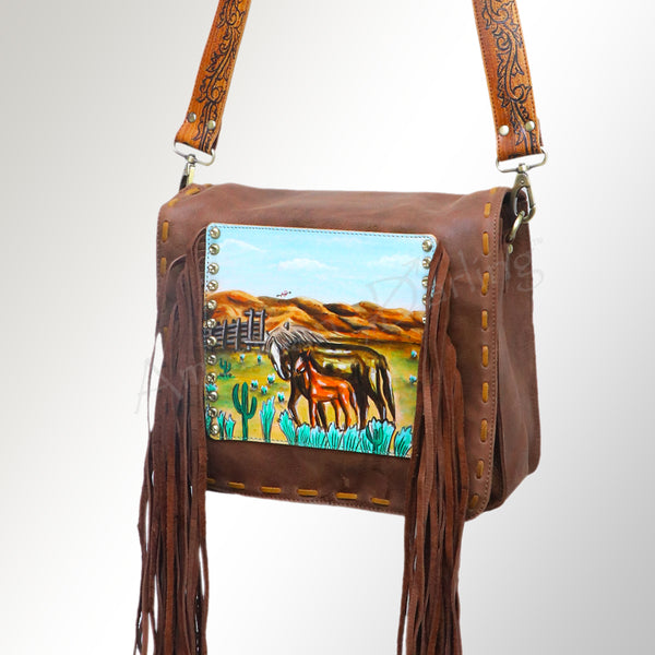 ADBGM109 Fringed Leather Western Crossbody Bag - Painted Artwork