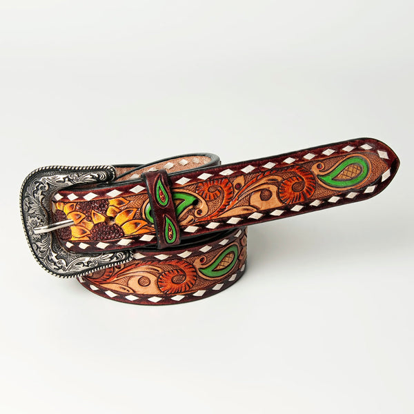 LC-ADBLF113 Hand-Tooled Leather Western Belt - Sunflower & Paisley Design with White Diamond Edge