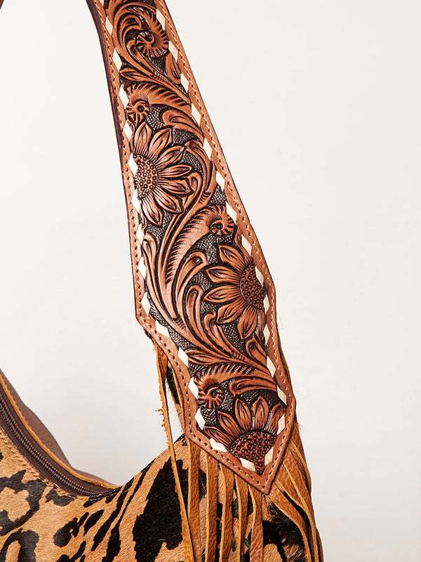 ADBGA224 American Darling Hair-On Cowhide Fringe Hobo Bag Floral Carved Leather