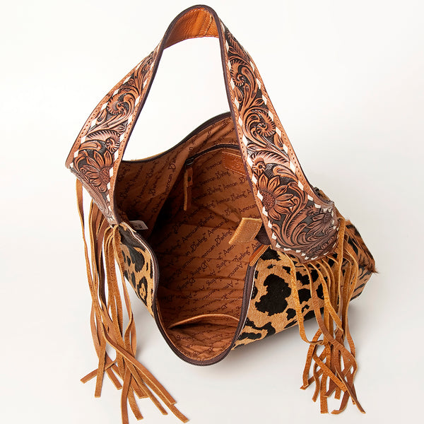 ADBGA224 American Darling Hair-On Cowhide Fringe Hobo Bag Floral Carved Leather