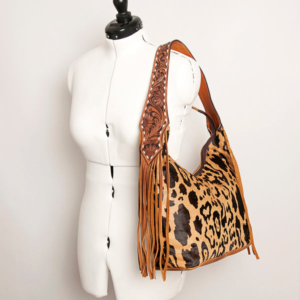 ADBGA224 American Darling Hair-On Cowhide Fringe Hobo Bag Floral Carved Leather