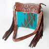 LC-ADBGZ558 Turquoise Southwestern Woven Crossbody Bag - Floral Tooled Leather & Fringe