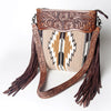 LC-ADBGZ562 Beige Southwestern Woven Crossbody Bag - Tooled Leather Floral Trim with Fringe