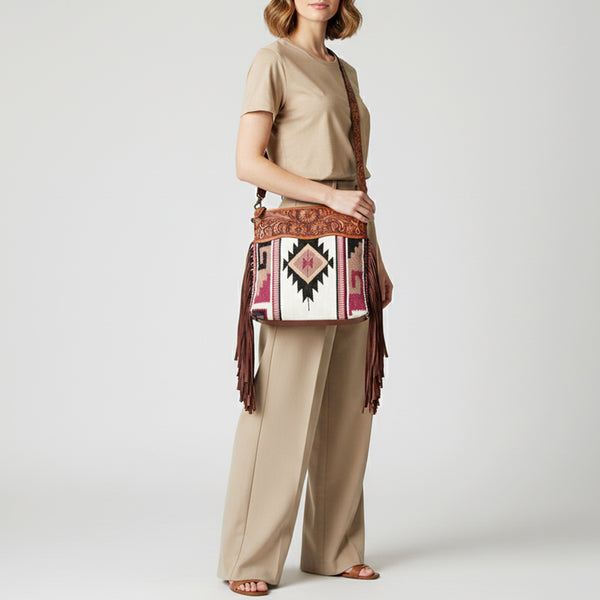 ADBGZ569 White & Wine Southwestern Woven Crossbody Bag - Tooled Leather & Fringe Western Purse