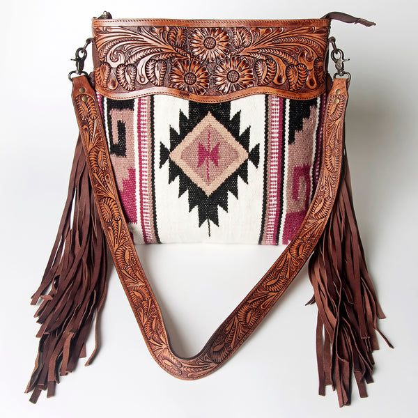 ADBGZ569 White & Wine Southwestern Woven Crossbody Bag - Tooled Leather & Fringe Western Purse