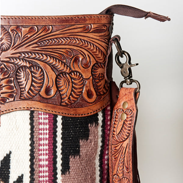ADBGZ569 White & Wine Southwestern Woven Crossbody Bag - Tooled Leather & Fringe Western Purse