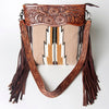 LC-ADBGZ577 Beige Southwestern Woven Crossbody Bag - Floral Tooled Leather Trim & Fringe Strap