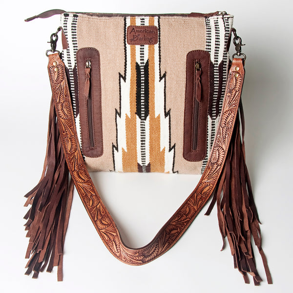 LC-ADBGZ577 Beige Southwestern Woven Crossbody Bag - Floral Tooled Leather Trim & Fringe Strap