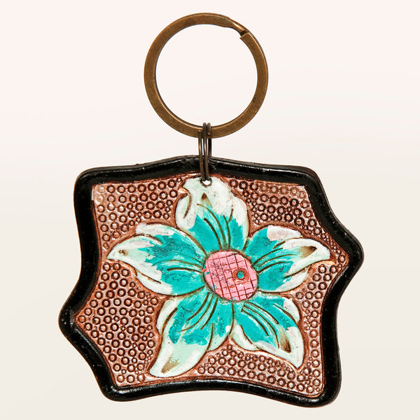 LC-ADKR179 Hand-Tooled Leather Flower Keyring Turquoise & Pink Floral Accent