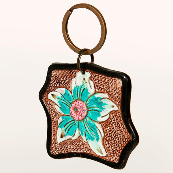 LC-ADKR179 Hand-Tooled Leather Flower Keyring Turquoise & Pink Floral Accent