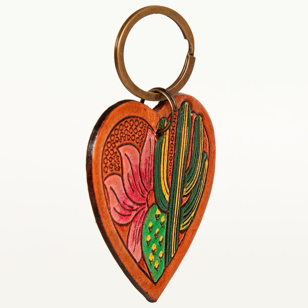 ADKR182 Hand-Tooled Leather Heart Keyring Western Floral Design with Pink Accents