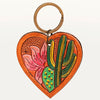 ADKR182 Hand-Tooled Leather Heart Keyring Western Floral Design with Pink Accents