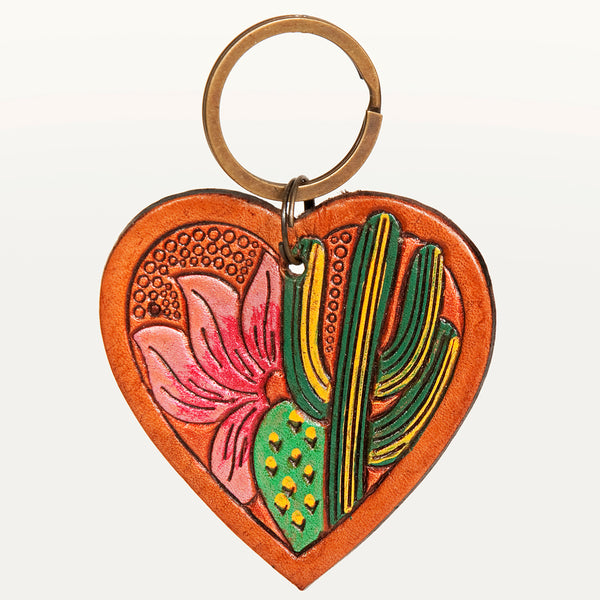 ADKR182 Hand-Tooled Leather Heart Keyring Western Floral Design with Pink Accents