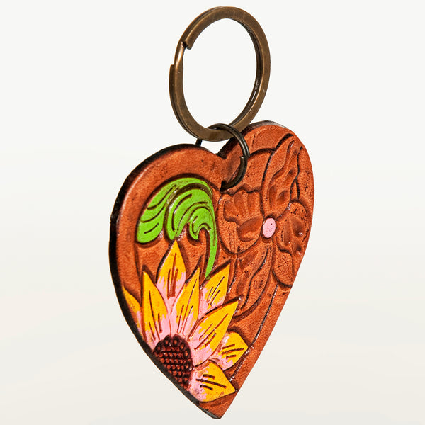 ADKR183 Hand-Tooled Leather Heart Keyring Western Floral Design with Pink Accents