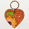 ADKR183 Hand-Tooled Leather Heart Keyring Western Floral Design with Pink Accents