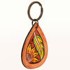 LC-ADKR184 Hand-Tooled Leather Keyring Teardrop with Sunflower & Feather Design