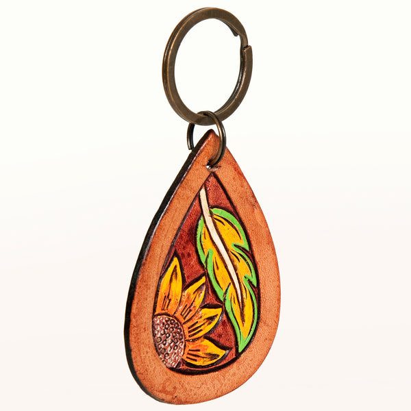 LC-ADKR184 Hand-Tooled Leather Keyring Teardrop with Sunflower & Feather Design